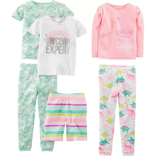 imageSimple Joys by Carters Girls 6Piece Snug Fit Cotton Pajama SetMint Green RainbowPinkWhite DinosaurStripeUnicorn