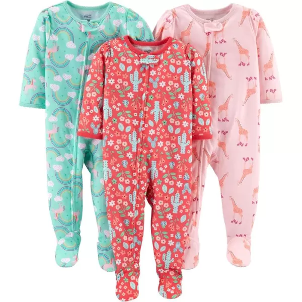 imageSimple Joys by Carters Toddlers and Baby Girls LooseFit Polyester Jersey Footed Pajamas Pack of 3CactusGiraffeRainbow