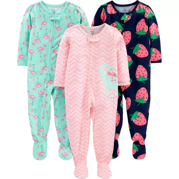 imageSimple Joys by Carters Toddlers and Baby Girls LooseFit Polyester Jersey Footed Pajamas Pack of 3DinosaurFlamingoStrawberry Print