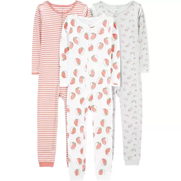 imageSimple Joys by Carters Girls 3Pack Snug Fit Footless Cotton PajamasGrey FloralPink StripeWhite Strawberry