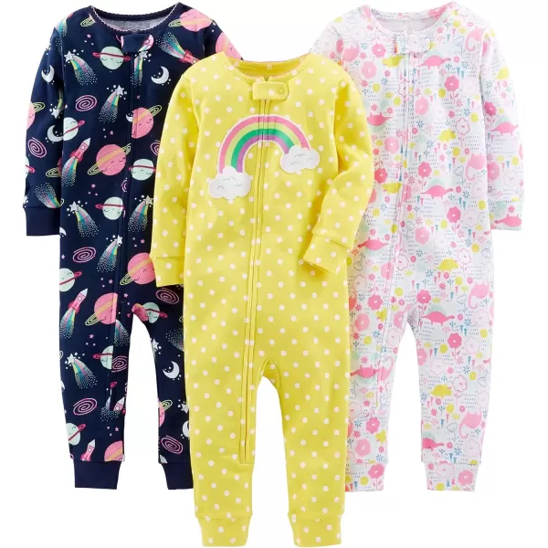 imageSimple Joys by Carters Girls 3Pack Snug Fit Footless Cotton PajamasNavy SpaceWhite DinosaurYellow Dots