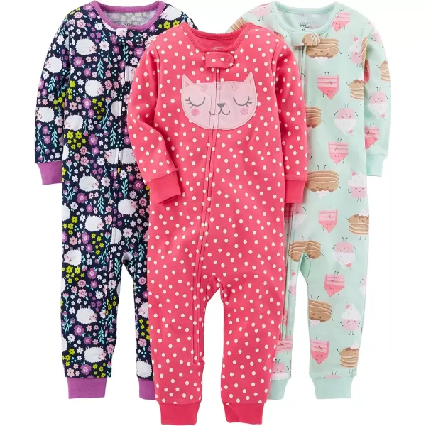 imageSimple Joys by Carters Girls 3Pack Snug Fit Footless Cotton PajamasSweetsFloralKitty