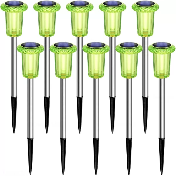 DenicMic Solar Lights Outdoor 10 Pack Waterproof LED Stainless Steel Pathway Lights for Yard Garden Driveway Decor Warm WhiteGreen