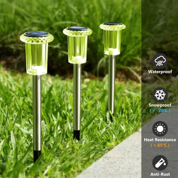 DenicMic Solar Lights Outdoor 10 Pack Waterproof LED Stainless Steel Pathway Lights for Yard Garden Driveway Decor Warm WhiteGreen