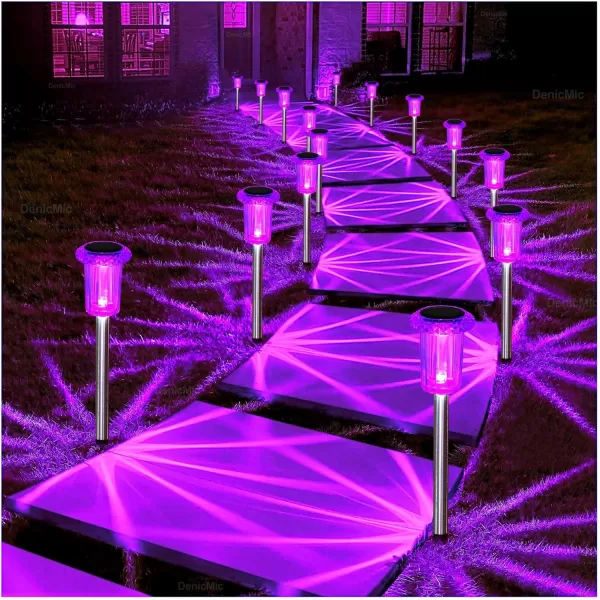 DenicMic Solar Lights Outdoor 10 Pack Waterproof LED Stainless Steel Pathway Lights for Yard Garden Driveway Decor Warm WhitePurple