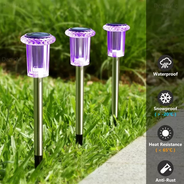 DenicMic Solar Lights Outdoor 10 Pack Waterproof LED Stainless Steel Pathway Lights for Yard Garden Driveway Decor Warm WhitePurple