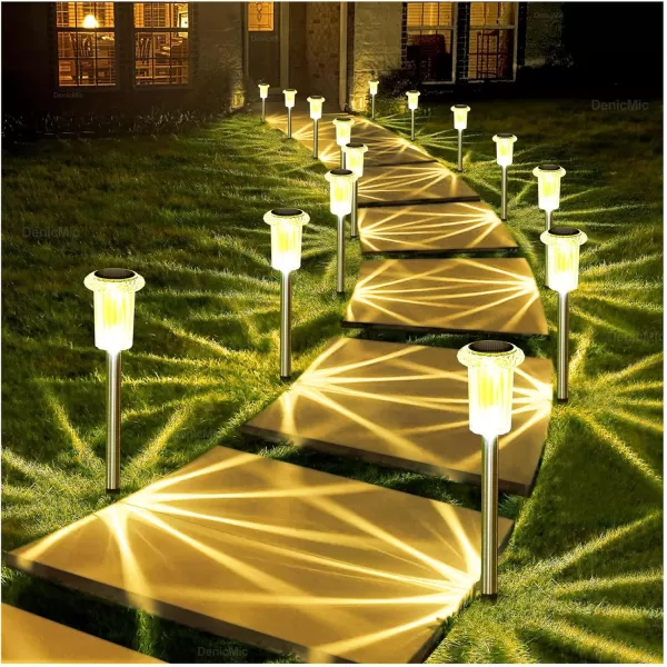 DenicMic Solar Lights Outdoor 10 Pack Waterproof LED Stainless Steel Pathway Lights for Yard Garden Driveway Decor Warm WhiteWarm White