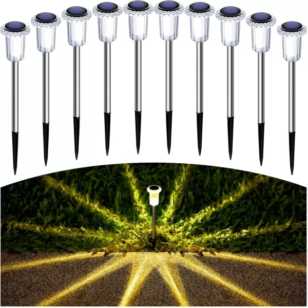 DenicMic Solar Lights Outdoor 10 Pack Waterproof LED Stainless Steel Pathway Lights for Yard Garden Driveway Decor Warm WhiteWarm White