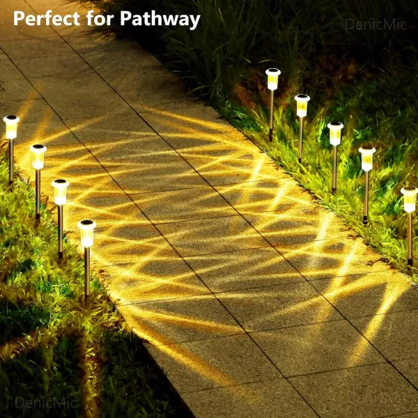 DenicMic Solar Lights Outdoor 10 Pack Waterproof LED Stainless Steel Pathway Lights for Yard Garden Driveway Decor Warm WhiteWarm White