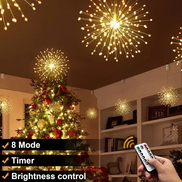 Firework Lights 200 LED Copper Wire Starburst Light 8 Modes Battery Operated Fairy Star Sphere Lights with Remote Warm White Hanging Ceiling Decorations for Bedroom Christmas Party 2 PackWarm White