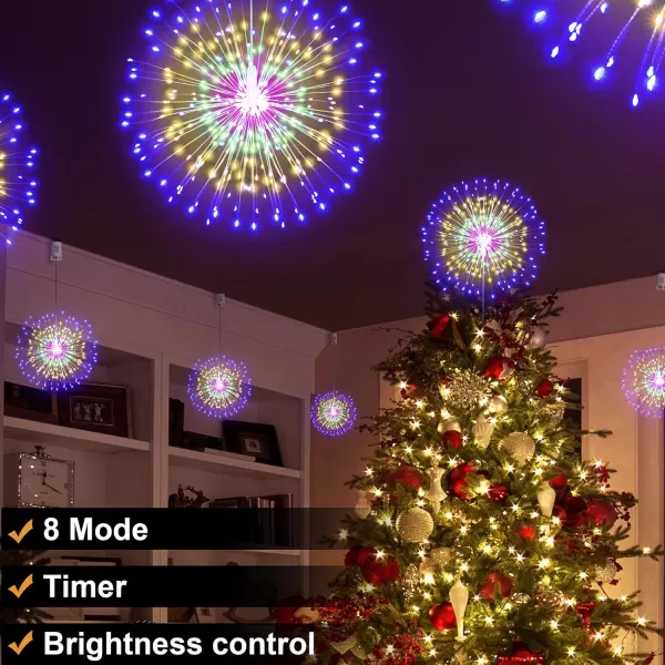 Firework Lights 200 LED Copper Wire Starburst Light 8 Modes Battery Operated Fairy Star Sphere Lights with Remote Warm White Hanging Ceiling Decorations for Bedroom Christmas Party 2 PackColorful