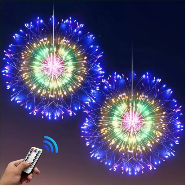 DenicMic Firework Lights Starburst Lights 200 LED Copper Wire Battery Operated hanging Sphere Lights with Remote 8 Modes Stars Fairy Ceiling Decorations for Patio Party Wedding Christmas 2 Pack