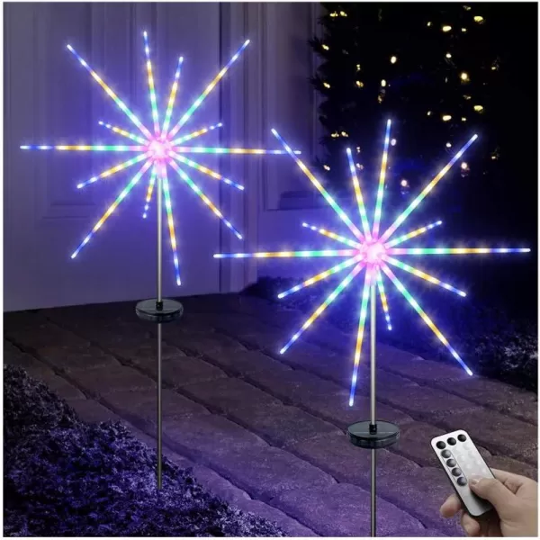 DenicMic Solar Firework Meteor Lights 2 Pack Outdoor Solar Garden Decorative Starry Starburst Lights with Remote 8 Modes Landscape Path Lights for Patio Yard Christmas Decor Multicolor