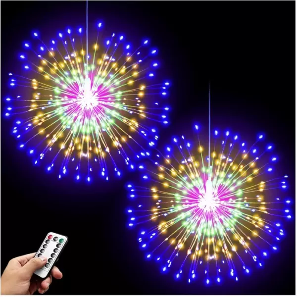 Firework Lights 200 LED Copper Wire Starburst Light 8 Modes Battery Operated Fairy Star Sphere Lights with Remote Warm White Hanging Ceiling Decorations for Bedroom Christmas Party 2 PackColorful