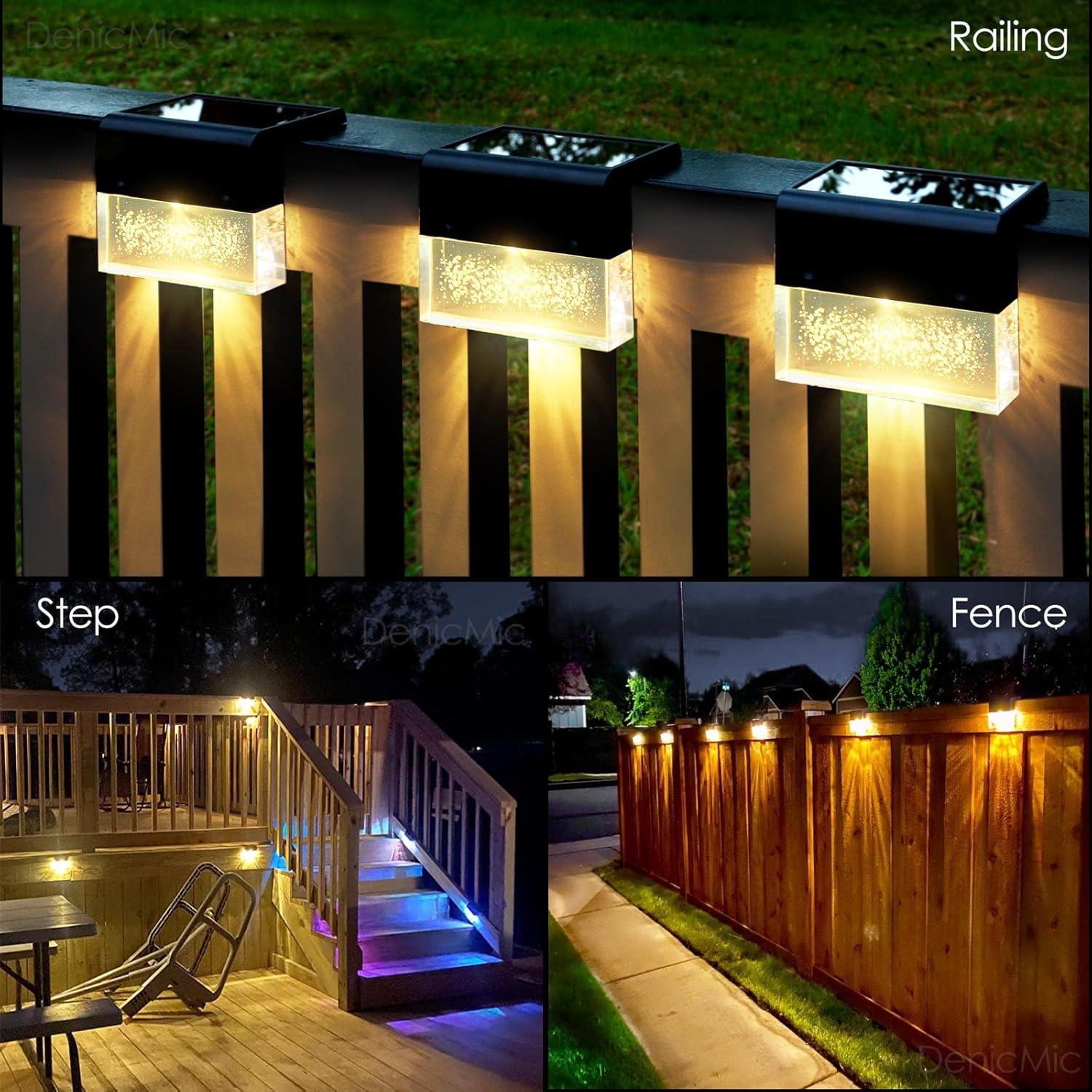 DenicMic Solar Deck Lights Outdoor Fence Solar Lights for Step Railing Wall Pool Side LED Waterproof Warm WhiteColor Changing Patio Decor 6 PackBlack