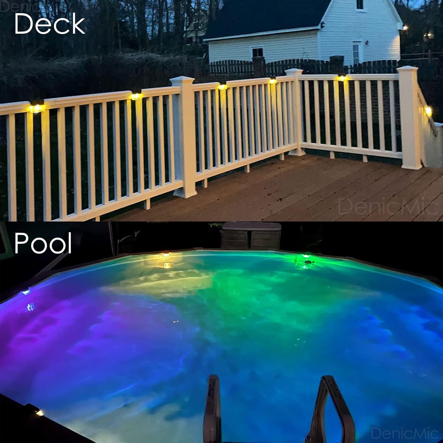 DenicMic Solar Deck Lights Outdoor Fence Solar Lights for Step Railing Wall Pool Side LED Waterproof Warm WhiteColor Changing Patio Decor 6 PackBlack