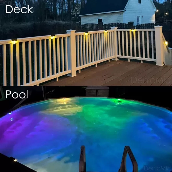 DenicMic Solar Deck Lights Outdoor Fence Solar Lights for Step Railing Wall Pool Side LED Waterproof Warm WhiteColor Changing Patio Decor 6 PackBlack