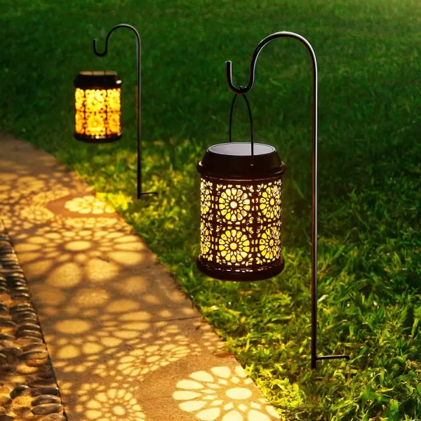 DenicMic Solar Lantern Outdoor Solar Lights Outdoor Hanging Solar Lantern with Handle ampamp Hook Waterproof 25 Lumen Warm White LED Metal Decorative for Garden Patio PorchYard Walkway1Pack Black