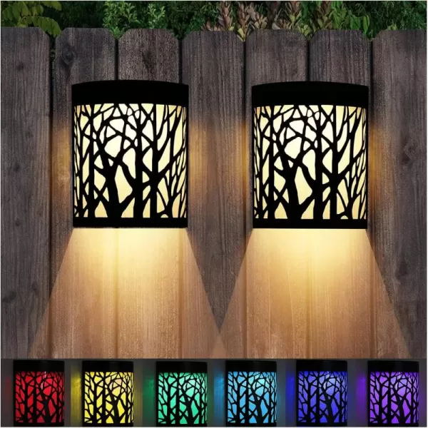 DenicMic Solar Wall Lights Outdoor Wall Sconce Fence Lighting for Patio Front Door Yard Deck Stair Led Forest Decorative Lamps Waterproof Warm WhiteColor Changing 2 Pack2 Pack