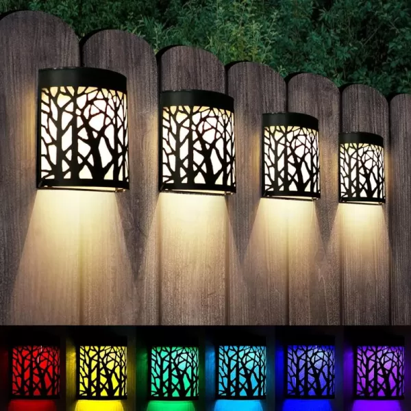 DenicMic Solar Wall Lights Outdoor Wall Sconce Fence Lighting for Patio Front Door Yard Deck Stair Led Forest Decorative Lamps Waterproof Warm WhiteColor Changing 2 Pack4 Pack