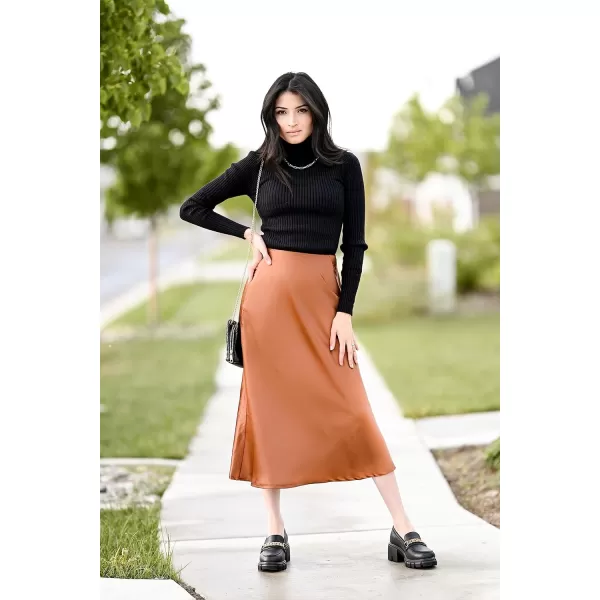 HOTOUCH Midi Skirts for Women High Waist Silk Stain Casual A Line Zipper SkirtXSXLBrown