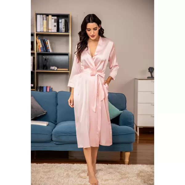 HOTOUCH Silk Robes for Women Long Bridesmaid Wedding Party Satin Robes Sleepwear with PocketsApink