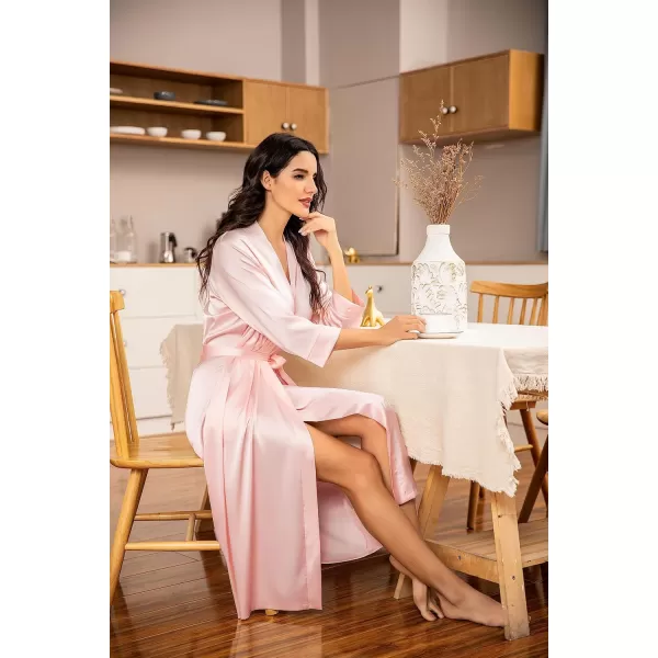 HOTOUCH Silk Robes for Women Long Bridesmaid Wedding Party Satin Robes Sleepwear with PocketsApink