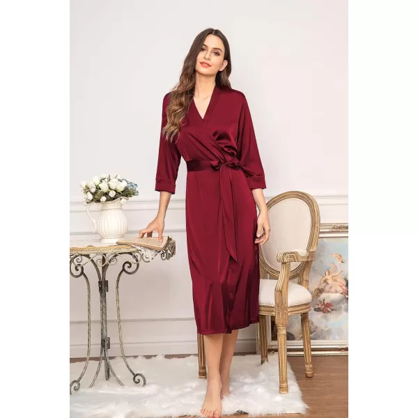 HOTOUCH Silk Robes for Women Long Bridesmaid Wedding Party Satin Robes Sleepwear with PocketsAwine Red