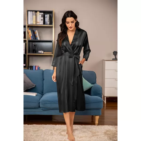 HOTOUCH Silk Robes for Women Long Bridesmaid Wedding Party Satin Robes Sleepwear with PocketsBlack Stripes