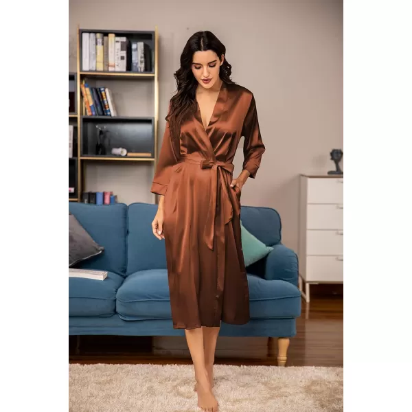 HOTOUCH Silk Robes for Women Long Bridesmaid Wedding Party Satin Robes Sleepwear with PocketsCaramel Colour