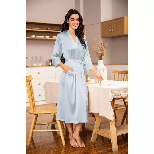 HOTOUCH Silk Robes for Women Long Bridesmaid Wedding Party Satin Robes Sleepwear with PocketsClear Blue