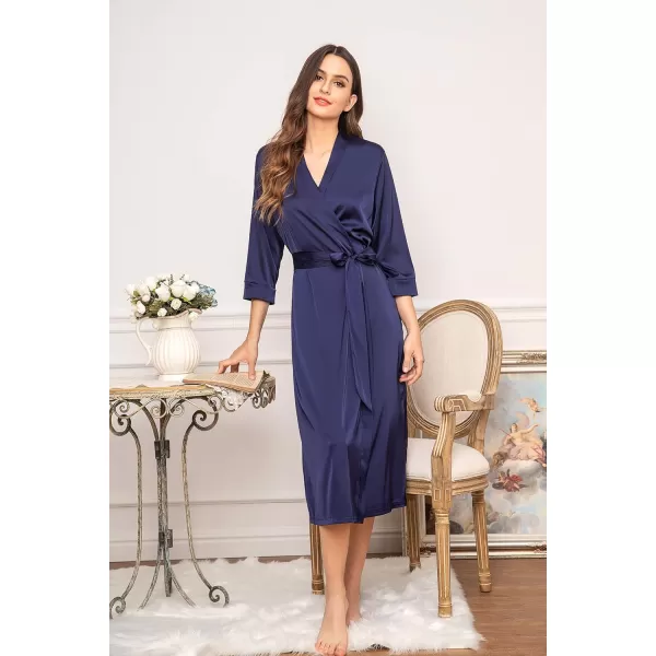 HOTOUCH Silk Robes for Women Long Bridesmaid Wedding Party Satin Robes Sleepwear with PocketsNavy Blue