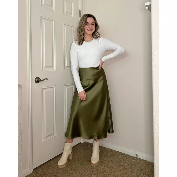 HOTOUCH Womens Midi Skirt High Waisted Solid Satin Dress Zipper Elegant Work SkirtsArmy Green