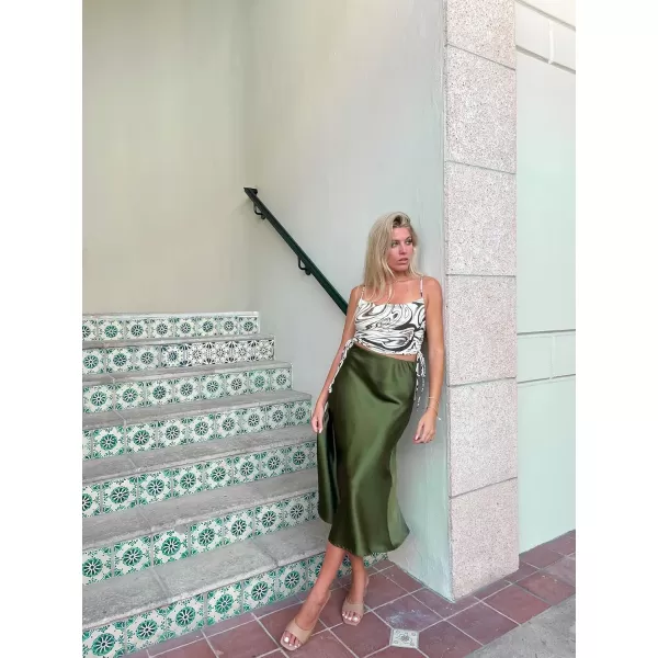 HOTOUCH Womens Midi Skirt High Waisted Solid Satin Dress Zipper Elegant Work SkirtsArmy Green