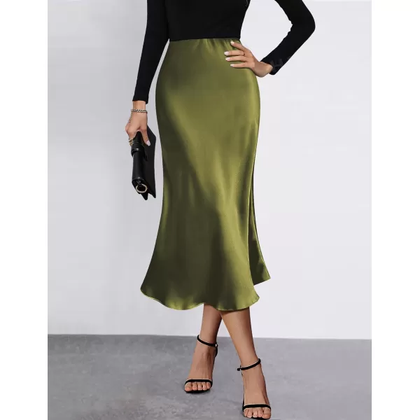 HOTOUCH Womens Midi Skirt High Waisted Solid Satin Dress Zipper Elegant Work SkirtsArmy Green