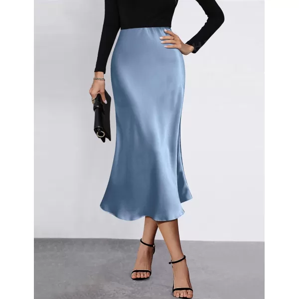 HOTOUCH Womens Midi Skirt High Waisted Solid Satin Dress Zipper Elegant Work SkirtsClear Blue