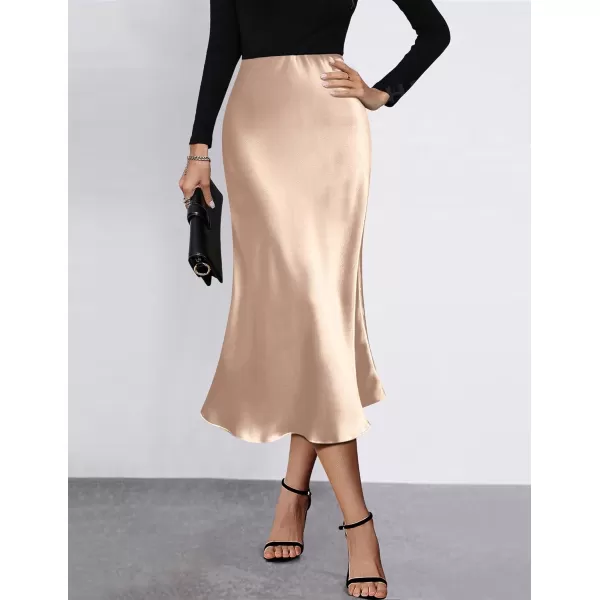 HOTOUCH Womens Midi Skirt High Waisted Solid Satin Dress Zipper Elegant Work SkirtsCracker Khaki