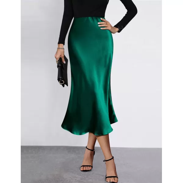 HOTOUCH Womens Midi Skirt High Waisted Solid Satin Dress Zipper Elegant Work SkirtsGreen