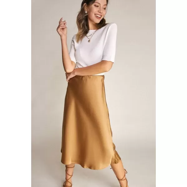 HOTOUCH Womens Midi Skirt High Waisted Solid Satin Dress Zipper Elegant Work SkirtsKhaki
