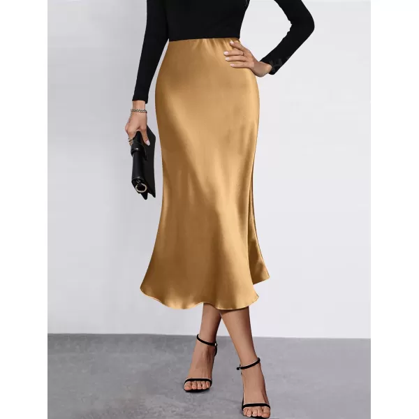 HOTOUCH Womens Midi Skirt High Waisted Solid Satin Dress Zipper Elegant Work SkirtsKhaki