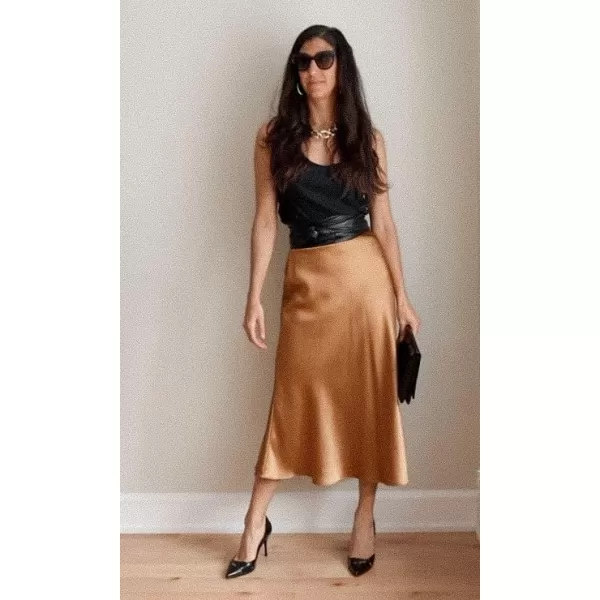 HOTOUCH Womens Midi Skirt High Waisted Solid Satin Dress Zipper Elegant Work SkirtsKhaki