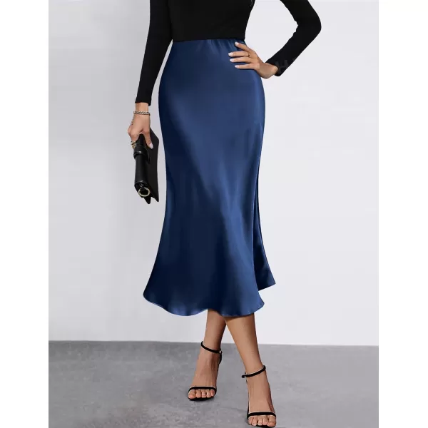 HOTOUCH Womens Midi Skirt High Waisted Solid Satin Dress Zipper Elegant Work SkirtsNavy Blue