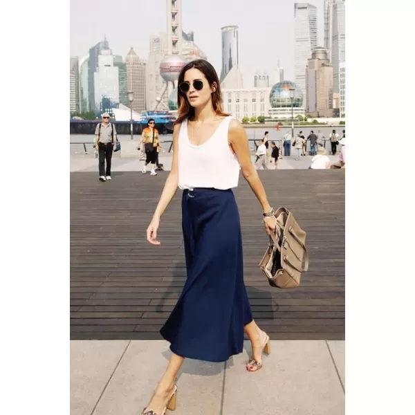 HOTOUCH Womens Midi Skirt High Waisted Solid Satin Dress Zipper Elegant Work SkirtsNavy Blue