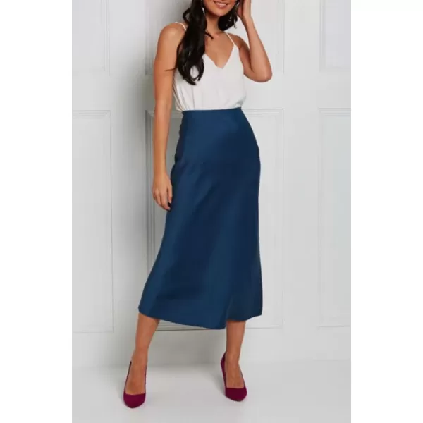 HOTOUCH Womens Midi Skirt High Waisted Solid Satin Dress Zipper Elegant Work SkirtsNavy Blue