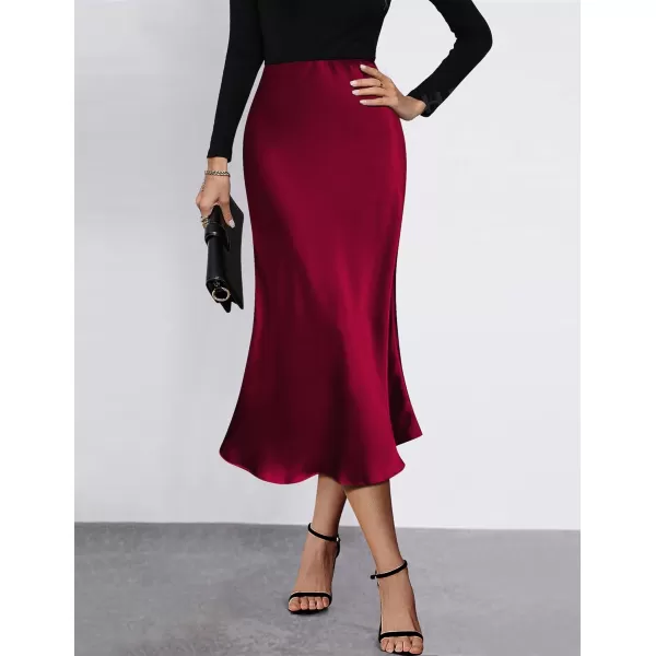 HOTOUCH Womens Midi Skirt High Waisted Solid Satin Dress Zipper Elegant Work SkirtsWine Red
