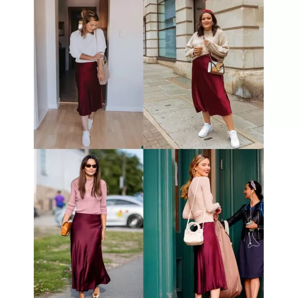 HOTOUCH Womens Midi Skirt High Waisted Solid Satin Dress Zipper Elegant Work SkirtsWine Red