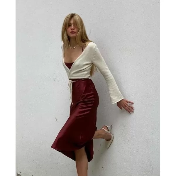 HOTOUCH Womens Midi Skirt High Waisted Solid Satin Dress Zipper Elegant Work SkirtsWine Red