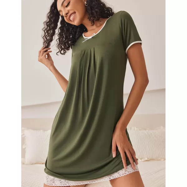 HOTOUCH Womens Nightgown Short Sleeve Nightdress Comfy Pleated Sleep Shirt Lace Trim Scoop Neck Nightshirt SXXLGreen