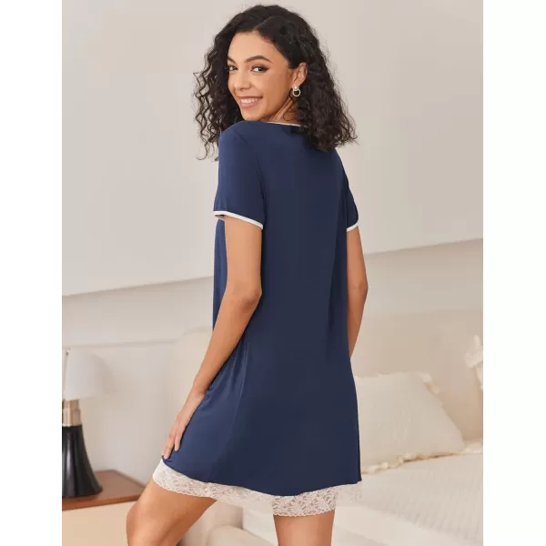 HOTOUCH Womens Nightgown Short Sleeve Nightdress Comfy Pleated Sleep Shirt Lace Trim Scoop Neck Nightshirt SXXLNavy Blue