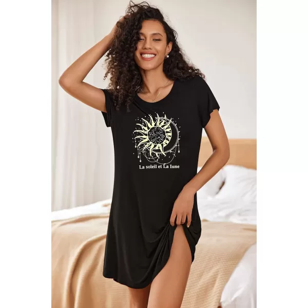 HOTOUCH Womens Nightgown Short Sleeve Printed Sleepshirts Cute Night Shirts Soft Pajama SleepwearAblack Sunmoon
